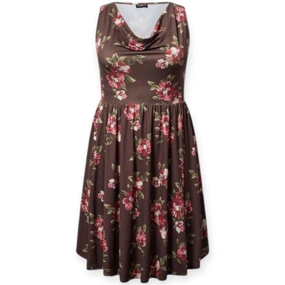 Torrid Mini Studio Knit Sleeveless Cowl Neck Floral Dress Brown Red Pink NWT Sz0 - Picture 3 of 11